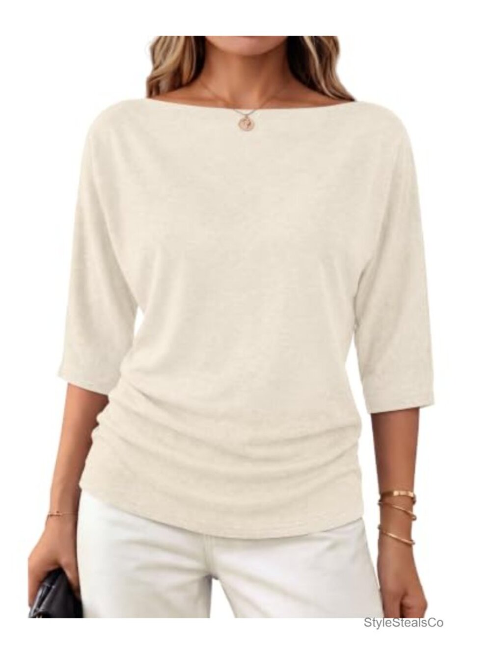 WIHOLL Knit Sweater Pullover Boat Neck 3/4 Batwing Sleeve Loose Fit